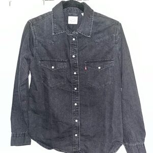 Levi’s Black Denim Western Shirt Jacket Women’s Medium Pearl Snap Button